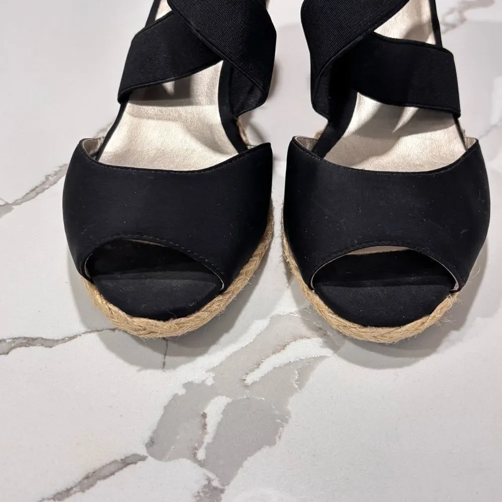 Bandolino | Rattan Hullen Black Wedge Sandals Heels Elastic Ankle Straps SZ 8.5